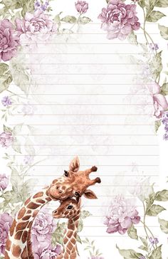 a baby giraffe and its mother are in front of a floral border with lined paper