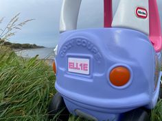 a blue and pink plastic toy car sitting in the grass near some water with an orange tag on it's side