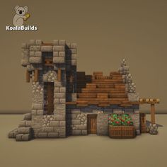 an image of a building made out of bricks and wood with a teddy bear sitting on the door