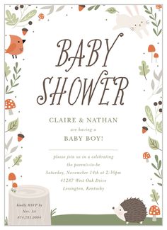 a baby shower is shown with an image of a hedge and mushrooms in the background