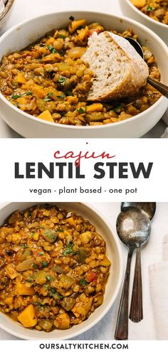 two bowls filled with lentil stew and bread