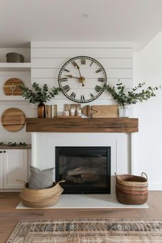 a clock mounted on the wall above a fireplace