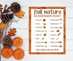 a fall nature scavenger hunt with pumpkins, leaves and acorns