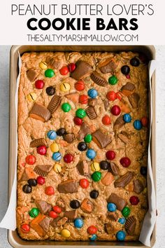 peanut butter lover's cookie bars in a baking pan with the title above it