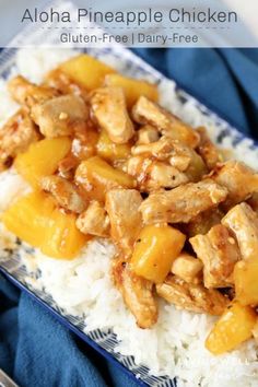 chicken and pineapple on rice with text overlay that reads easy aloha chicken