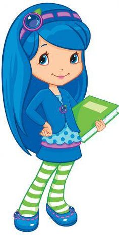 a cartoon girl with blue hair holding a green book and smiling at the camera while standing in front of a white background