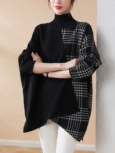 Günlük Gevşek 3 Renk Ayrık Eklemli Ekose Yüksek Boyun Batwing Uzun Kollu Kazak Üst Black High Neck Sweater For Spring, Black Oversized High Neck Top, Oversized Black High Neck Top, Black High Neck Fall Outerwear, Winter Typ, Sleeves Sweater, Daily Dress, Green Light, Cardigan Tops