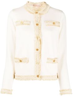 Beige Kendra fringe-trimmed merino cardigan from TORY BURCH featuring crew neck, front button fastening, long sleeves and straight hem. Boss Lady Style, Tory Burch Outfits, Professional Fashion, Fringe Trim, Boss Lady, Tory Burch, Buy Online, Long Sleeve Blouse, Crew Neck