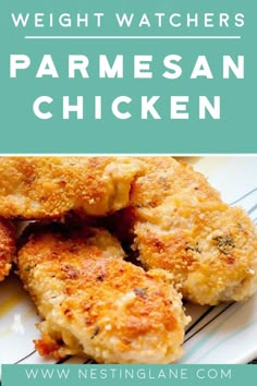 chicken patties on a plate with text overlay that reads weight watchers parmesan chicken