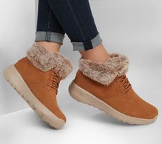 Laid-back style and cozy comfort combine in Skechers On-the-GO Joy - Plush Dreams. This slip-on cold-weather boot features a Scotchgard® treated suede upper with a faux-fur collar  Skechers Air-Cooled Goga Mat insole and lightweight 5GEN® cushioned midsole. Preppy Winter Shoes, Winter Boots Women Fashion, Skechers Boots, Preppy Winter, Awesome Shoes, Cold Weather Boots, Skechers Women, Beautiful Clothes, Winter Boots Women