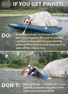 two pictures showing how to use a canoe