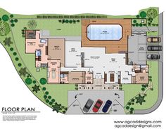 a floor plan for a house with an outdoor pool and hot tub in the middle