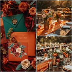 the collage shows orange and green flowers, cards, candles, and napkins