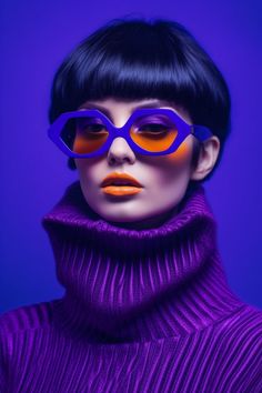 a woman wearing purple and orange glasses