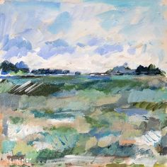 an abstract painting with blue, green and white colors in the sky over a field