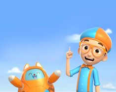 a cartoon character is standing next to an orange and blue cat in front of a sky background