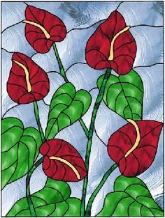 three red flowers in the rain on a stained glass window with blue sky and clouds behind them