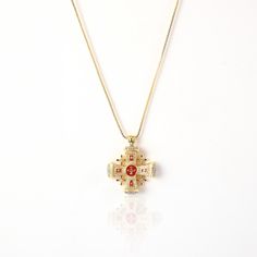 Jerusalem Crusader Cross Gorgeous sterling silver 925 with 18k highest quality gold plated Jerusalem cross combined with red and white enamel. Elegant and unique made with superior quality never turns black, the highest grade of gold plating that looks and feels heavenly and assures longevity. Durable and built to last this Jerusalem cross pendant is inspired and derived from Holy Land. The Christian necklace is handmade and ensures the highest quality and affordable price. Fit perfectly for Cat Rhinestone Pendant Jewelry Gift, Silver Jeweled Gold-plated Necklaces, Red Pendant Gold-plated Jewelry, Red Gold Plated Pendant Jewelry, Red Pendant Jewelry In Gold Plated, Gold Jeweled Jewelry Gift, Gold Jeweled Jewelry For Gifts, Red Tarnish-resistant Pendant Jewelry, Gold Cross Pendant Necklace With Rhinestones