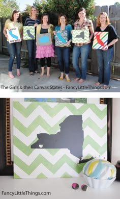 the girls and their canvass are painted in different colors, shapes, and sizes