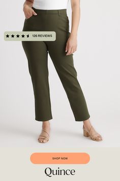 We heard your feedback and added pockets to our favorite ponte pant. Yes, it is the exact same pant, but with functional pockets. If dress pants and yoga pants had a kid - this would be it. The stretchy knit makes these pants equally appropriate for work or the couch.  | Quince | Women's Ultra-Stretch Ponte Straight Leg 4-Pocket Pants in Olive, Size XL, Rayon Silk Pajamas Shorts, Professional Pants, Black Minimal, Silk Tee, Leather Jacket With Hood, Yes It Is, Fun Pants, Ponte Pants, Bootcut Pants