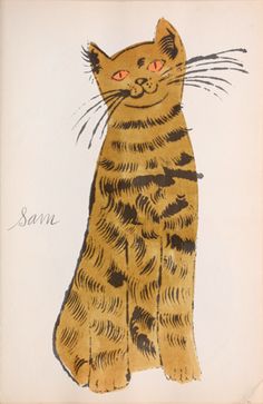 a drawing of a cat with orange eyes and whiskers on it's tail