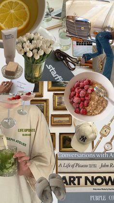 a collage of pictures with food and drinks in them, including lemons, strawberries, raspberries