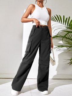 Step into effortless elegance with these Non Stretch Loose Fit Wide Leg Pants. Embrace a timeless silhouette that exudes grace and sophistication, transcending fleeting fashions. Crafted with meticulous attention to detail, these pants boast a loose fit that allows for unrestricted movement and comfort, while effortlessly elongating your legs. The exquisite craftsmanship is evident in every seam, ensuring durability and longevity. Specifications: Style: Casual Pattern Type: Plain Type: Cargo Pan Chic Wide-leg Work Pants With Pockets, Elegant Straight Cargo Pants With Pockets, Elegant Trousers With Cargo Pockets, Elegant Straight Leg Bottoms With Cargo Pockets, Non-stretch Wide Leg Dress Pants With Pockets, Elegant Wide Leg Cargo Pants For Workwear, Elegant Straight Cargo Pants, Elegant High-waisted Cargo Pants, Elegant Wide-leg Pants With Cargo Pockets