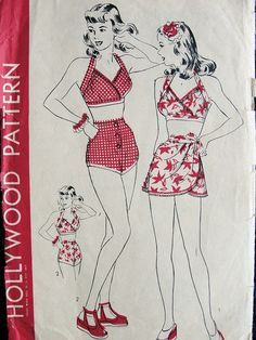 Vintage Bathing Suit Patterns, 1940s Pinup, 1940s Hollywood, Wrap Skirt Pattern, Short Wrap Skirt, Patron Vintage, Vintage Bathing Suits, Vintage Swimsuit, Suit Pattern