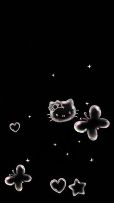 hello kitty wallpaper with hearts and stars in the dark night sky, as seen from above