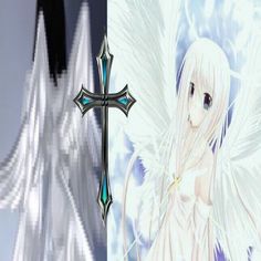 an anime character with angel wings and a cross in front of her face, next to a photo of the same character