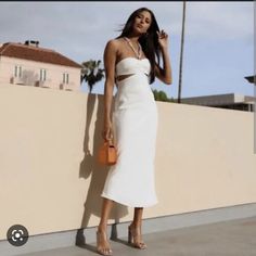 Zara Brand White Midi Dress Ribbed Bodycon Midi Dress, Cream Midi Dress, Maxi Dress Summer, Long Sleeve Fitted Dress, Flowy Midi Dress, White Halter Dress, Chain Dress, Ribbon Dress, Summer Cocktail