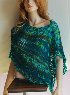 Poncho Bohemian Poncho Loose Knit Poncho Asymmetric Poncho Summer Wrap  Poncho Airy Light Beach Cover up, Festival, Blue, Green  Shades Light Beach, Summer Wraps, Knit Poncho, Ladies Poncho, Green Shades, Loose Knit, Knitted Poncho, Beach Covers, Shades Of Green