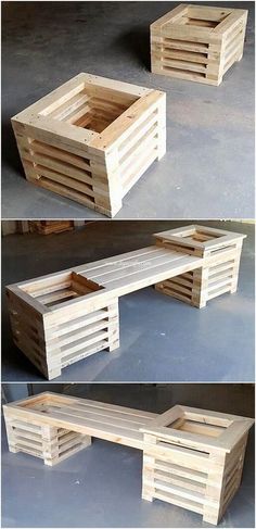 several different pictures of some sort of bench made out of wood pallets and crates