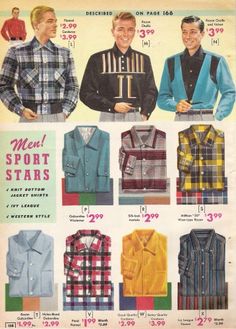 1957 Button Down Sport shirts Most shirt collars buttoned up to the neck just like dress shirts. Some styles were made “sporty” with double large pockets and more casual materials. Minister Outfit, 1950s Vacation, 1950s Mens Fashion, Shirt Collars, Vacation Clothing, Camp Shirts, Old School Fashion