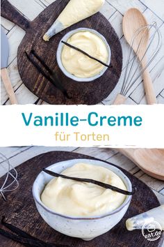 two bowls filled with cream on top of a wooden cutting board