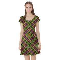 Multicolor Geometric Ethnic  Short Sleeve Skater Dress Ethnic Fashion, Perfect Dress, Art Work