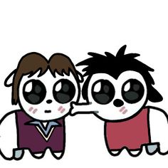 two young boys with big eyes are touching each other's foreheads while standing next to each other