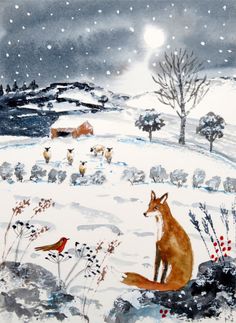 a painting of a fox sitting on top of a snow covered hill next to a bird