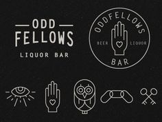 the logos for odd fellows liquor bar, including an owl and hand with two fingers