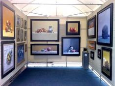 an art exhibit with many framed pictures on the wall and blue carpeted flooring