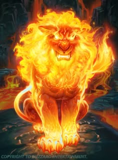 a lion is on fire with its mouth open