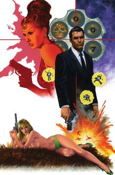 the poster for james bond's film, 007 is shown in red and yellow