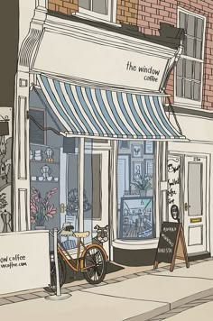 a drawing of a store front with a bicycle parked outside the window and signs on the sidewalk