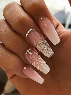 nails french ombre dip coffin glitter rhinestones nail pink shaped blue do ombré ash ornaments set Ombre Nail Design, Ombre Nails Glitter, Ombre Acrylic Nails, Nails Design With Rhinestones, Gold Nail, Ombre Nail Designs, Bride Nails, Dipped Nails, Bridal Nails