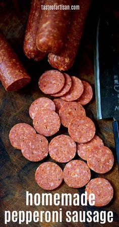 homemade pepperoni sausage on a cutting board