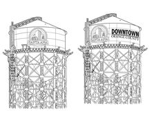 two large water tanks sitting next to each other in front of a white wall with the words downtown on it