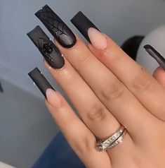 Matte Black Nail Ideas Halloween, Black Coffin Halloween Nails, Black Acrylic Nails Spiderweb, Long Square Nails Halloween, Black Matte Nails With Design Halloween, Matt Halloween Nails, Tapered Square Halloween Nails, Black Matte Nails Halloween, Halloween Nails Long Coffin