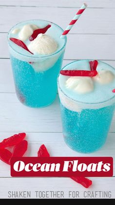 two glasses filled with ice cream on top of a white wooden table next to red and blue straws