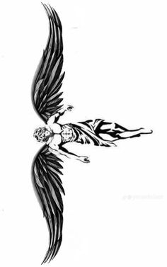 a black and white drawing of a bird with wings on it's back side