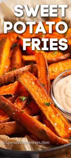 sweet potato fries on a plate with ranch dip in the middle and text overlay that reads, sweet potato fries